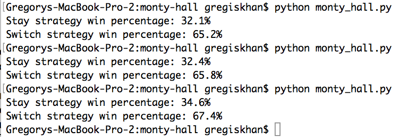 Screenshot of terminal output of monty_hall.py